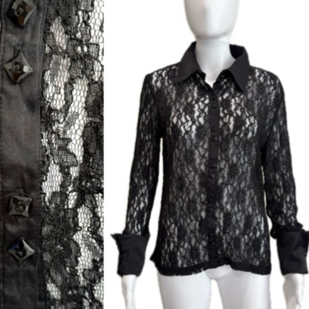 Artisti Italiani Vintage Black Sheer Lace Shirt Size Large Satin French Cuffs